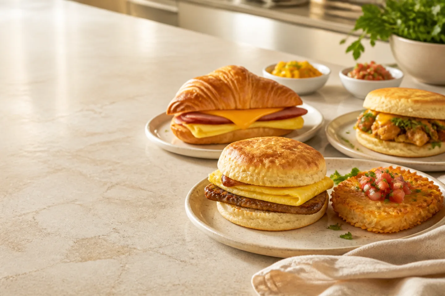 All-day breakfast sandwiches and hash browns served on pale plates
