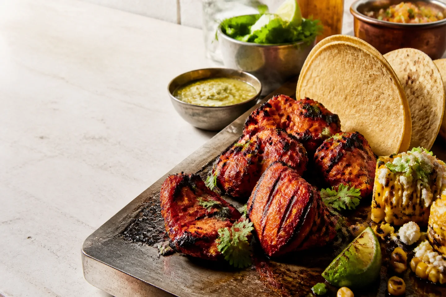 Tandoori chicken and tortillas cooking on a bright fusion kitchen grill