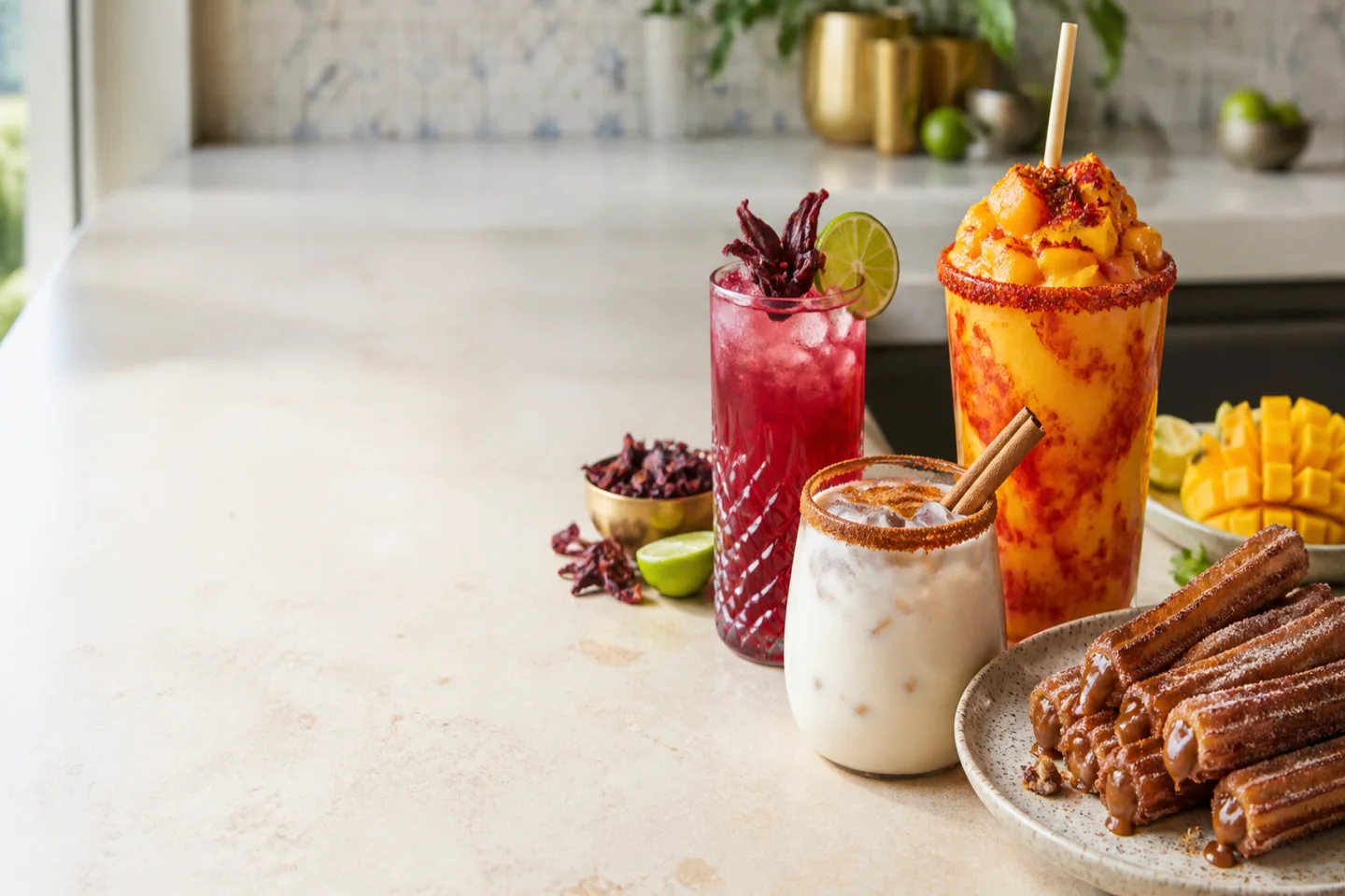Horchata, hibiscus agua fresca, mango mangonada and cinnamon churros