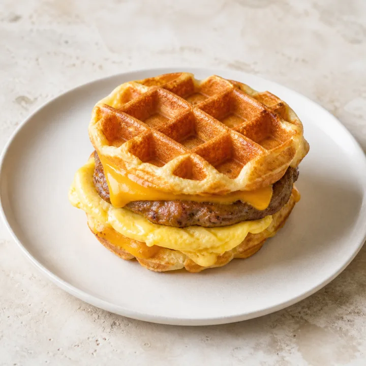 Sausage, egg and cheese waffle sandwich