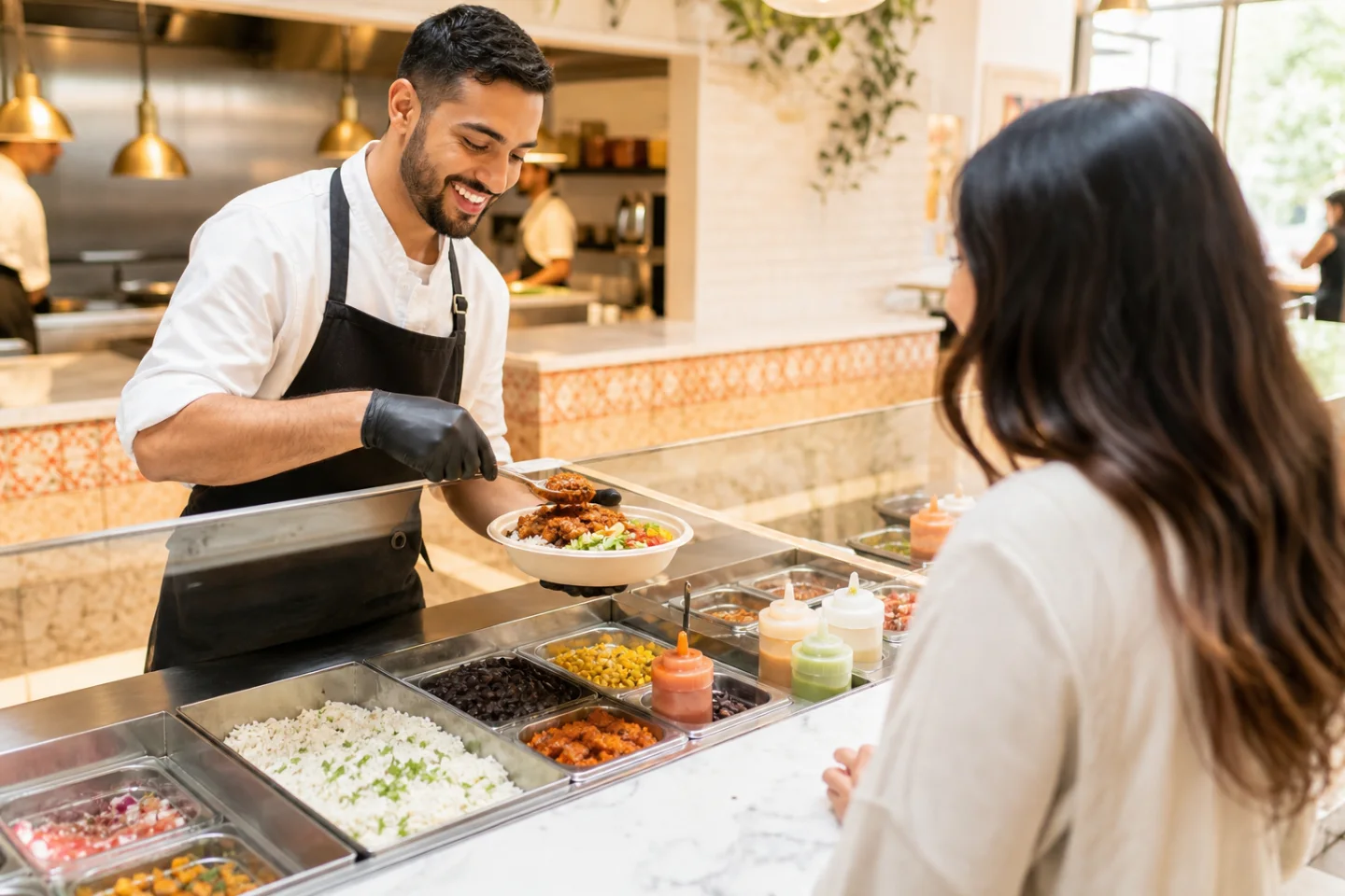 Cook customizing a bowl for a guest at the open restaurant line