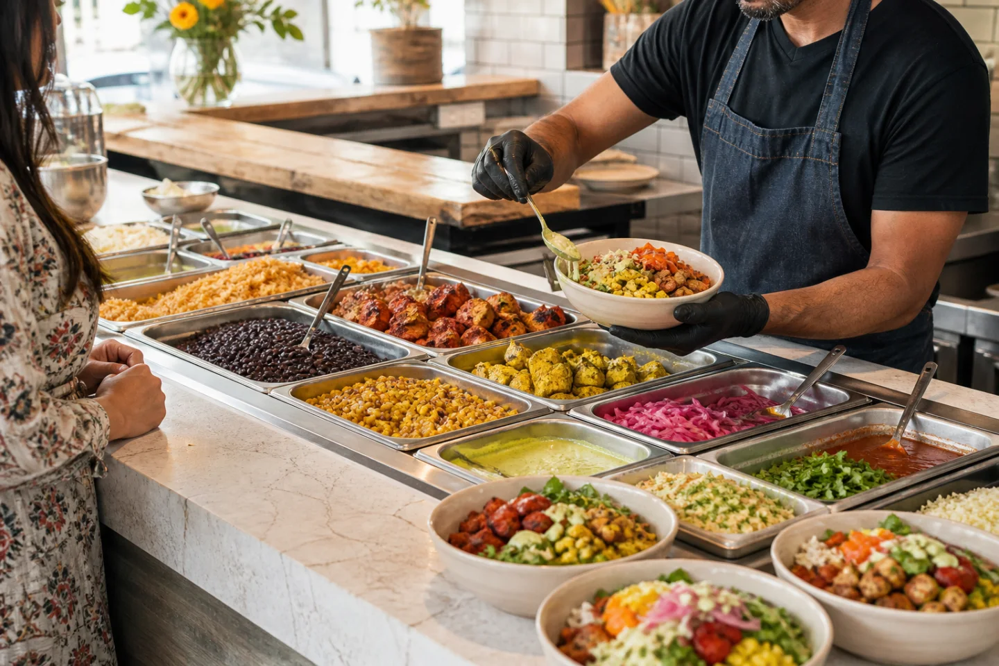 Restaurant team member assembling a customized bowl at the ingredient line