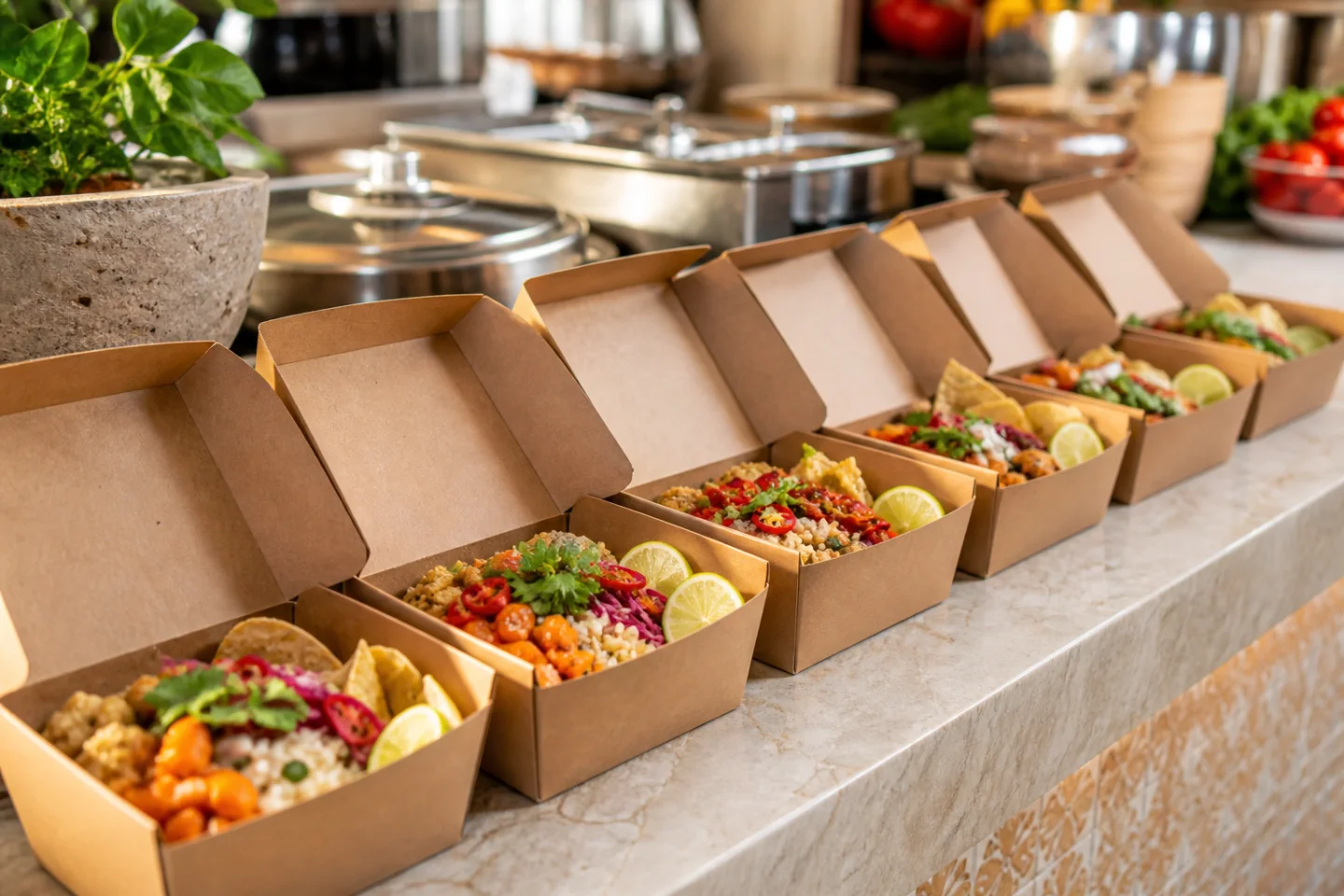 Individual boxed fusion bowl lunches ready for a group order