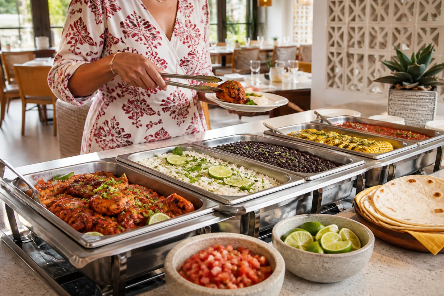 Restaurant catering buffet with tandoori chicken, rice, beans and house sauces