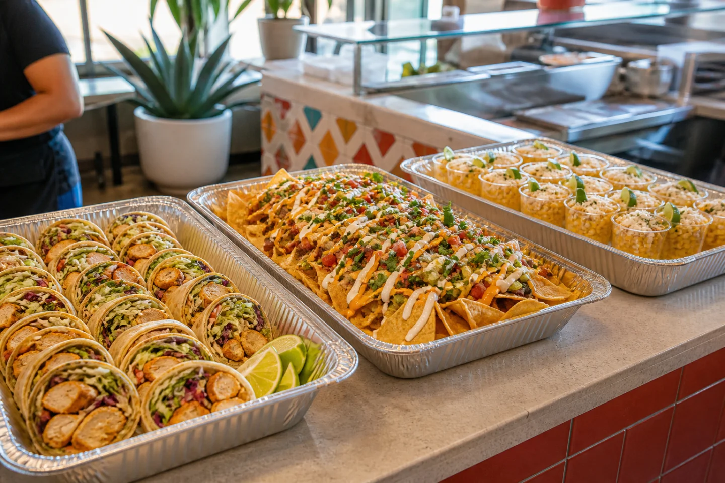 Catering trays of wraps, loaded nachos and elote cups