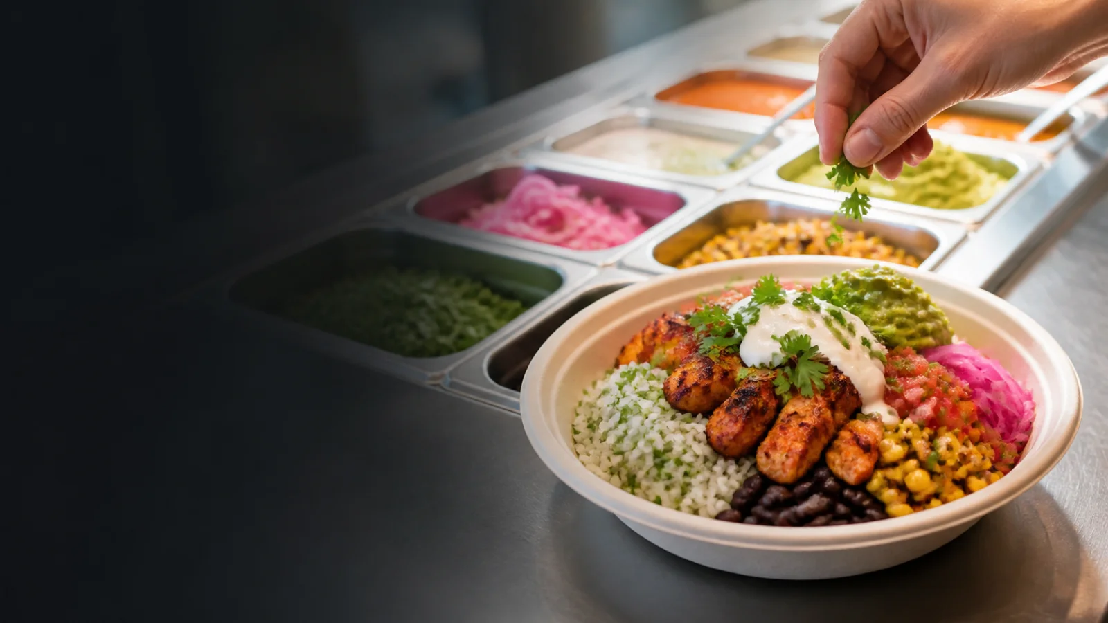 Tandoori chicken bowl being finished with cilantro at a restaurant ingredient line