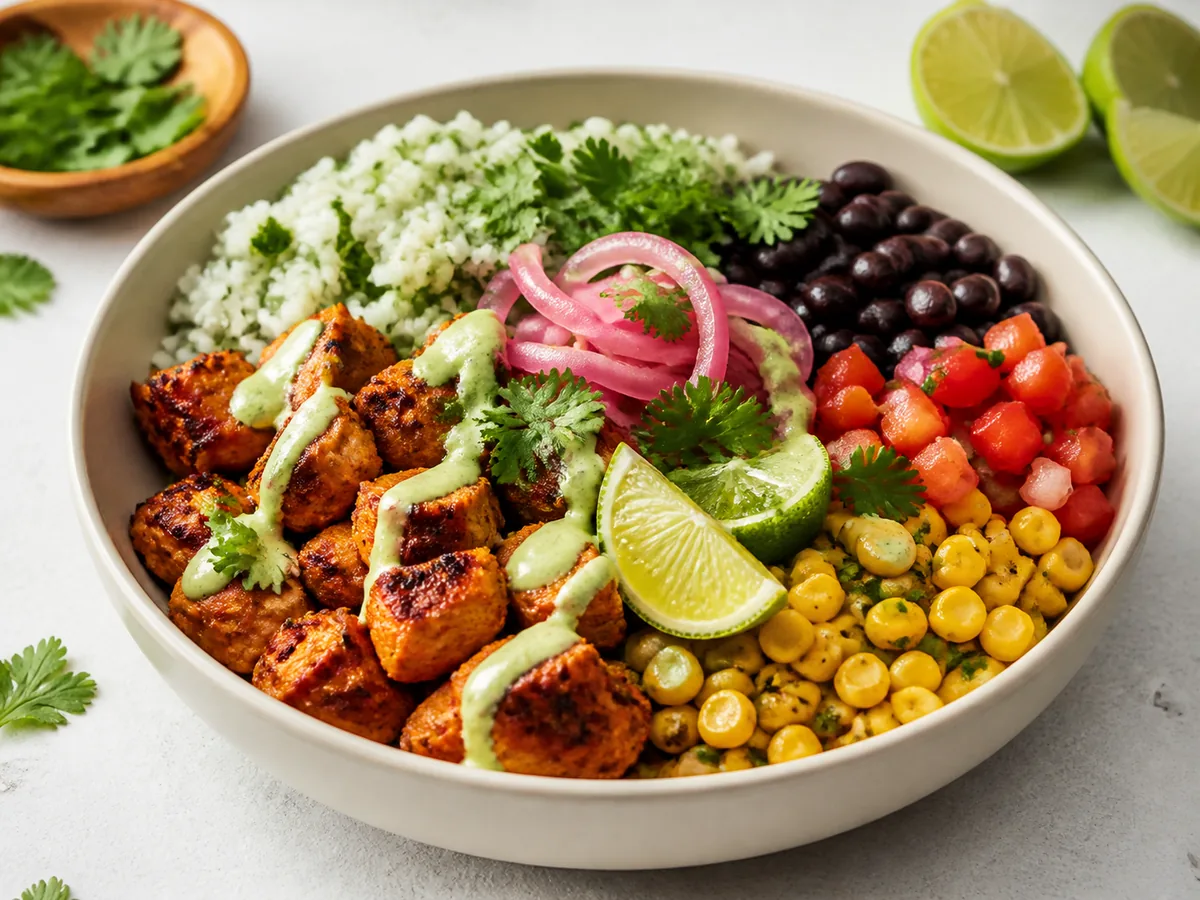 Grilled chicken burrito bowl with rice, beans and fresh salad