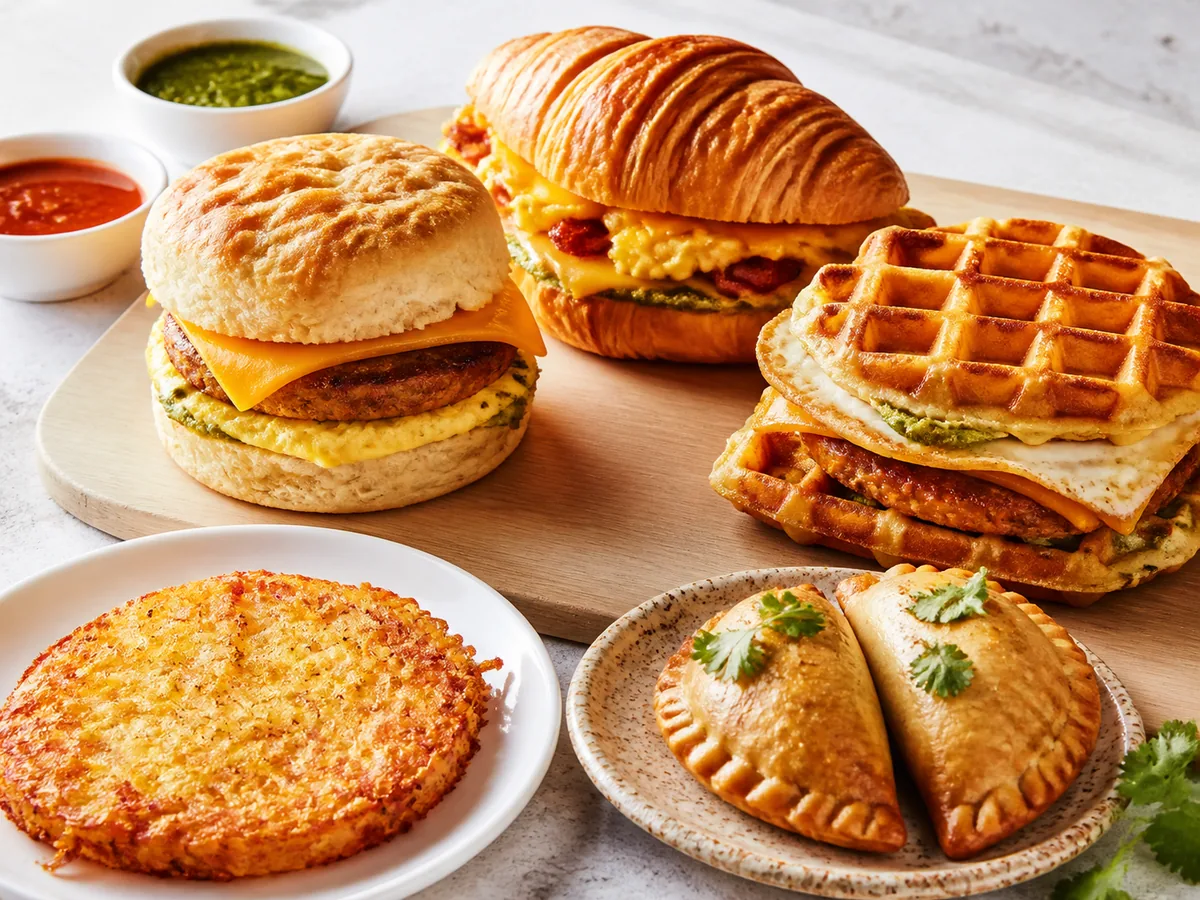 A croissant breakfast sandwich filled with egg, cheese and greens