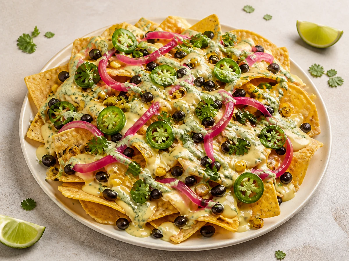 Loaded nachos under queso, black beans, pickled onions, jalapenos and cilantro crema