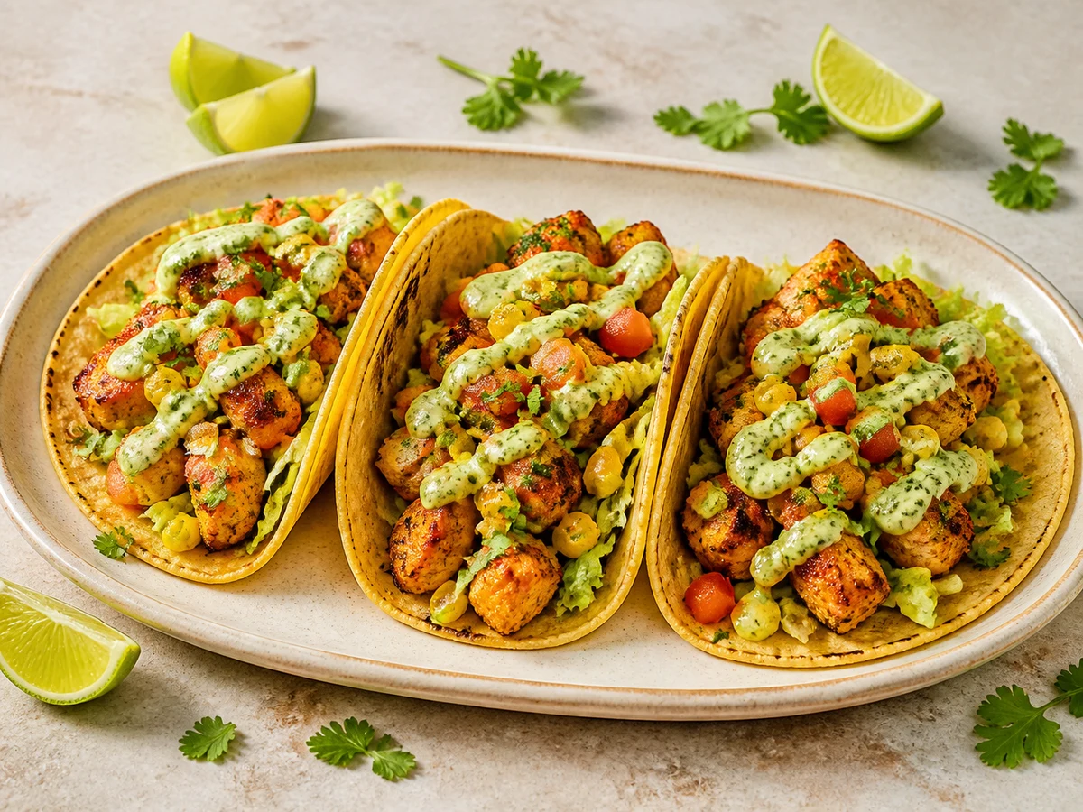 Fusion tacos on warm tortillas with fresh toppings and house sauce