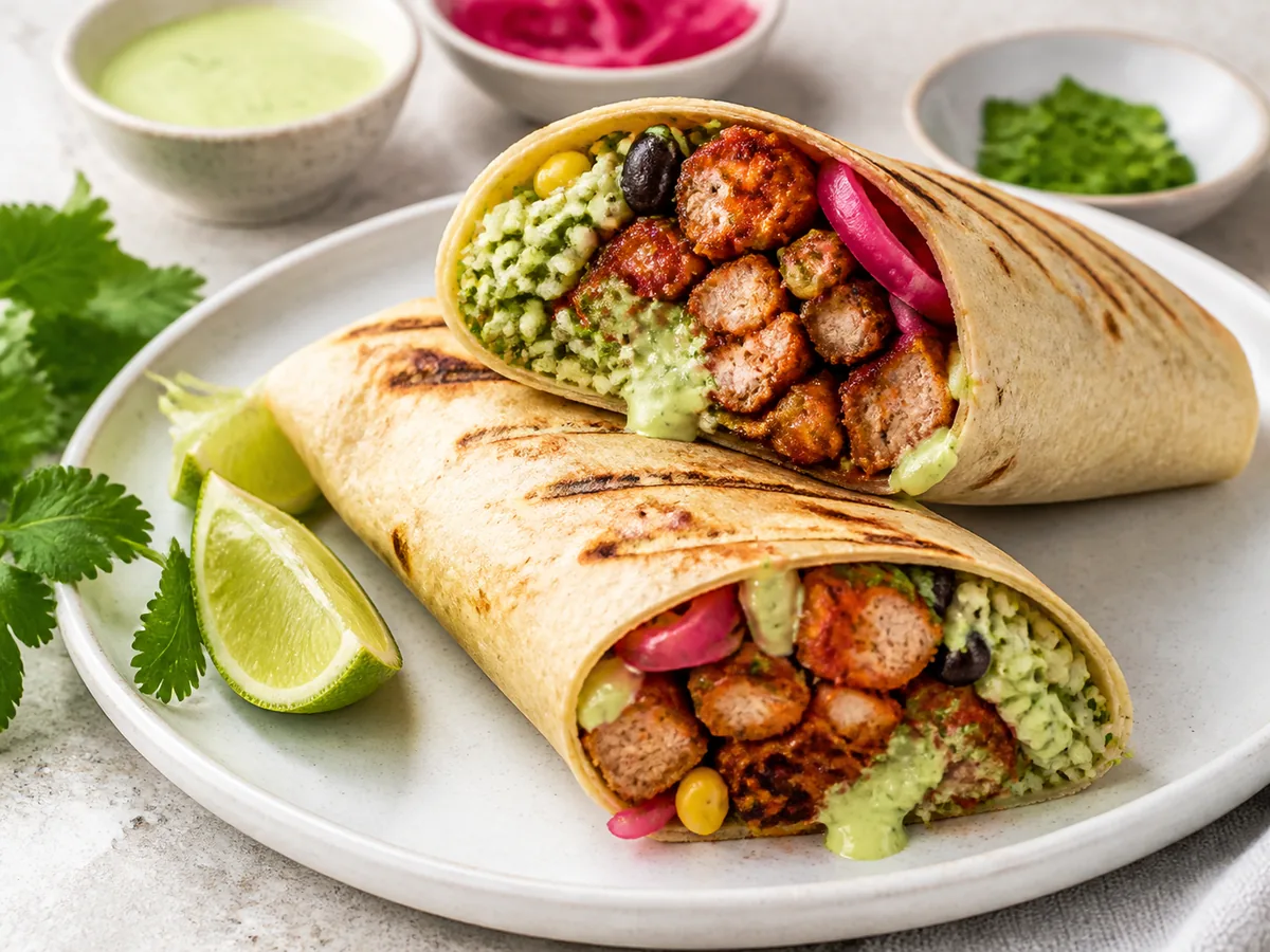 Two halves of a stuffed wrap on a wooden board with slaw and cilantro